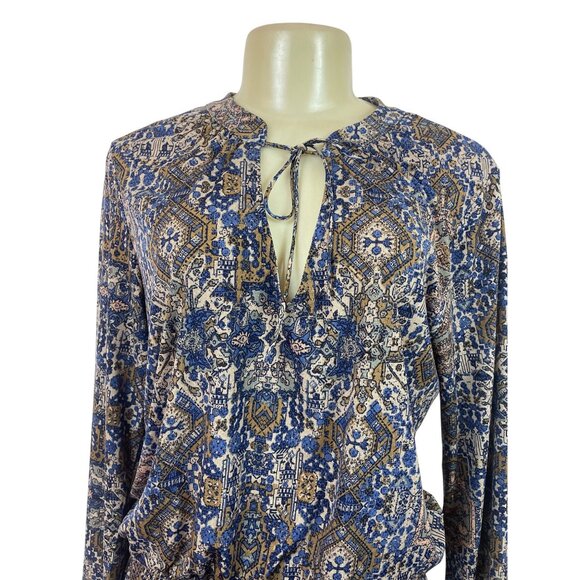 Juniper Blu Women's Boho Printed Long Sleeve Dress With Tie Neck & Elastic Waist - Picture 4 of 7